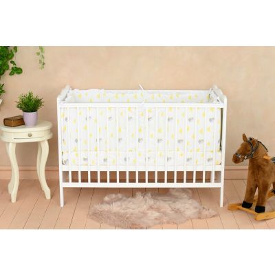 Patut din lemn bebe, 120x60 cm, Cu sina speciala pentru dentitie, Multifunctional, EN716-1, EN716-2, Alb, Qmini, Julia + Saltea 10 cm