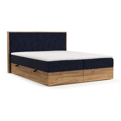 Pat boxspring albastru închis/în culoare naturală cu spațiu de depozitare 200x200 cm Asahi – Maison de Rêve