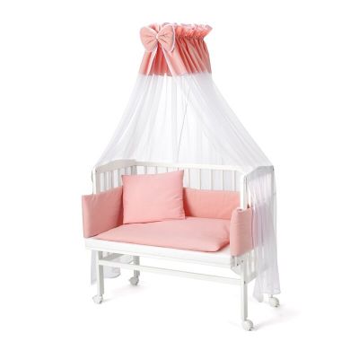 Patut pentru copii, Waldin, 2in1, 90 cm x 55 cm, lemn de fag, vopsea certificata, roti blocabile, laterala detasabila, co-sleeping, Saltea inclusa, Aparatoare laterala din bumbac, Baldachin cu Suport Metalic, Equipment