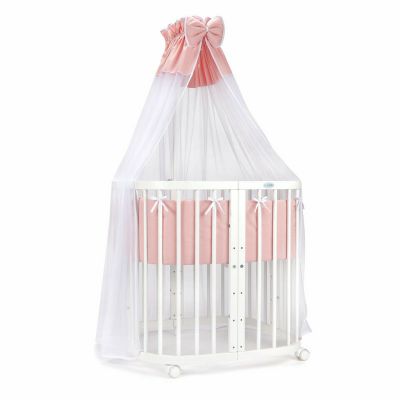 Set Patut Rotund Evolutiv pentru Copii, Multifunctional, 7in1, cu Saltele, Baldachin, Lenjerie si Aparatori Laterale, Transformabil, Masa de Schimbat, Co-Sleeping, Tarc de Joaca, Birou, Scaune, Waldin, Alb, Echipament Roz, 77