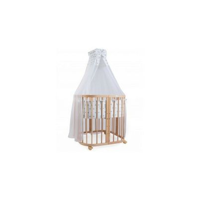 Set Patut Rotund Evolutiv pentru Copii, Multifunctional, 7in1, cu Saltele, Baldachin, Lenjerie si Aparatori Laterale, Transformabil, Masa de Schimbat, Co-Sleeping, Tarc de Joaca, Birou, Scaune, Waldin, Natural, Echipament 8S1