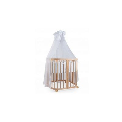 Set Patut Rotund Evolutiv pentru Copii, Multifunctional, 7in1, cu Saltele, Baldachin, Lenjerie si Aparatori Laterale, Transformabil, Masa de Schimbat, Co-Sleeping, Tarc de Joaca, Birou, Scaune, Waldin, Natural, Echipament Alb, 88