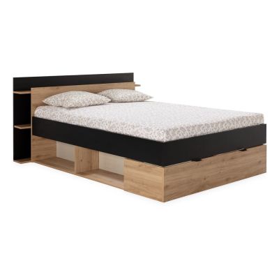 Pat matrimonial negru/în culoare naturală cu aspect de lemn de stejar cu spațiu de depozitare fără somieră 140x190 cm Albo – Marckeric