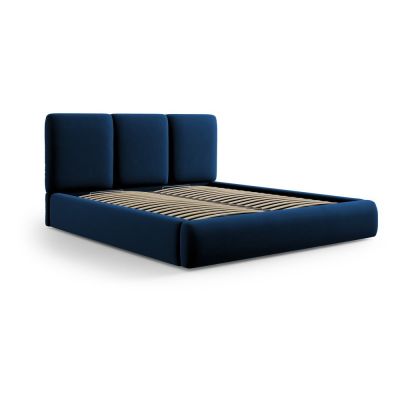 Pat matrimonial albastru închis tapițat din catifea cu spațiu de depozitare cu somieră 140x200 cm Brody – Mazzini Beds